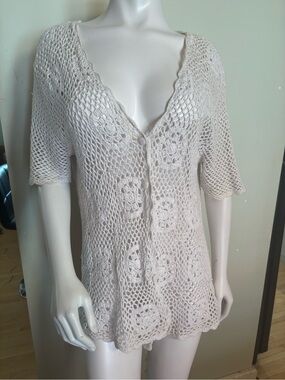 Renuar Cream Crochet Openwork Top with Label Detail